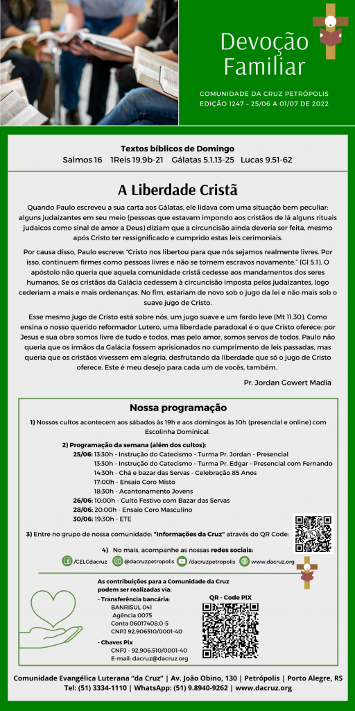 Quando Paulo escreveu a sua carta aos gálatas, ele lidava com uma situação bem peculiar: alguns judaizantes em seu meio (pessoas que estavam impondo aos cristãos de lá alguns rituais judaicos como sinal de amor a Deus) diziam que a circuncisão ainda deveria ser feita, mesmo após Cristo ter ressignificado e cumprido estas leis cerimoniais.

Por causa disso, Paulo escreve: “Cristo nos libertou para que nós sejamos realmente livres. Por isso, continuem firmes como pessoas livres e não se tornem escravos novamente.” (Gl 5.1). O apóstolo não queria que aquela comunidade cristã cedesse aos mandamentos dos seres humanos. Se os cristãos da Galácia cedessem à circuncisão imposta pelos judaizantes, logo cederiam a mais e mais ordenanças. No fim, estariam de novo sob o jugo da lei e não mais sob o suave jugo de Cristo.

Esse mesmo jugo de Cristo está sobre nós, um jugo suave e um fardo leve (Mt 11.30). Como ensina o nosso querido reformador Lutero, uma liberdade paradoxal é o que Cristo oferece: por Jesus e sua obra somos livre de tudo e todos, mas pelo amor, somos servos de todos. Paulo não queria que os irmãos da Galácia fossem aprisionados no cumprimento de leis passadas, mas queria que os cristãos vivessem em alegria, desfrutando da liberdade que só o jugo de Cristo oferece. Este é meu desejo para cada um de vocês, também. 